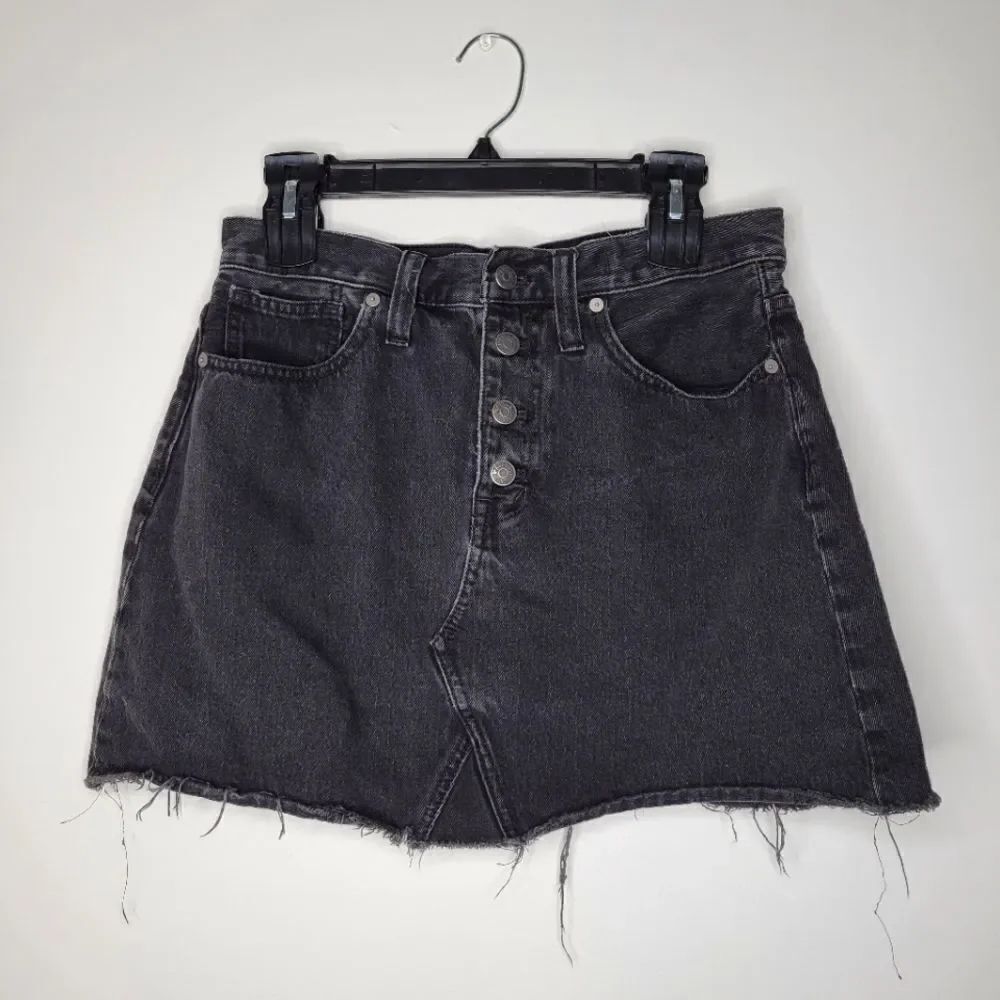 Madewell Rigid A-Line Black Denim Mini Skirt Raw Hem 28